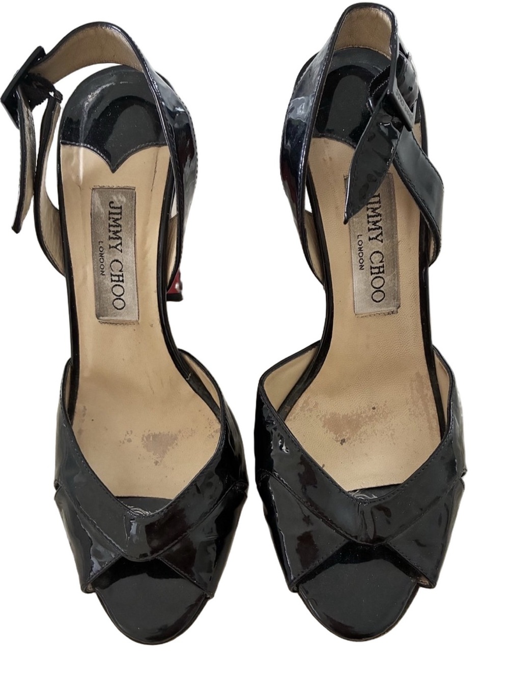 Jimmy Choo Black Patent Leather Women's Peep-Toe Heels sling back